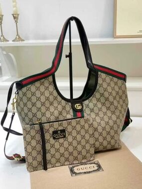 Beige Monogram Canvas Shoulder Bag with Green-Red Stripe